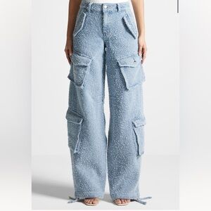 Maniere De Voir High Waisted Boucle Denim Cargo Trousers